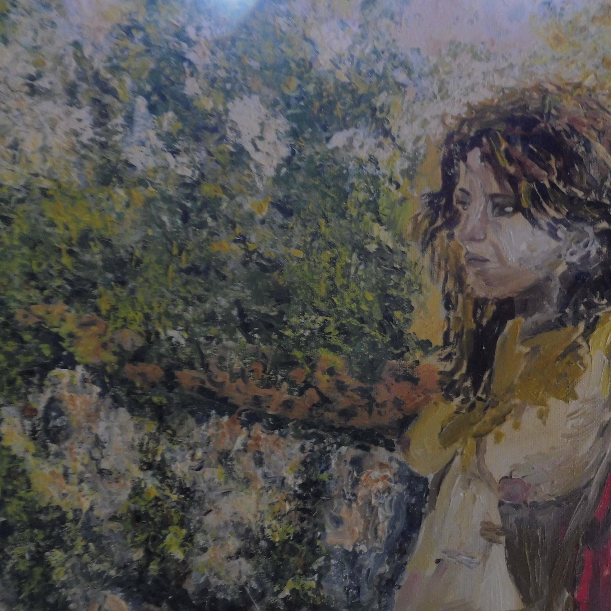 Donna appoggiata ad un muretto di pietre - Olio su tela - 40x50